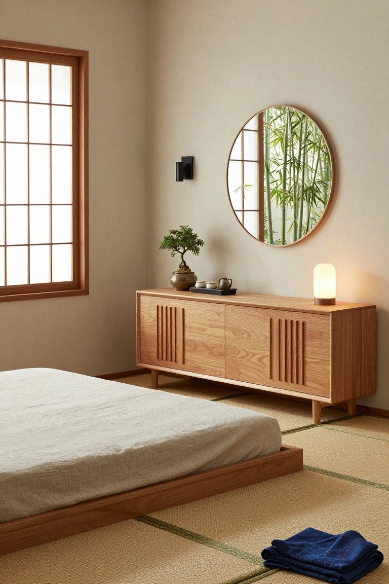 Minimalist Japanese bedroom with wooden bed, cabinet, round mirror, and bonsai.