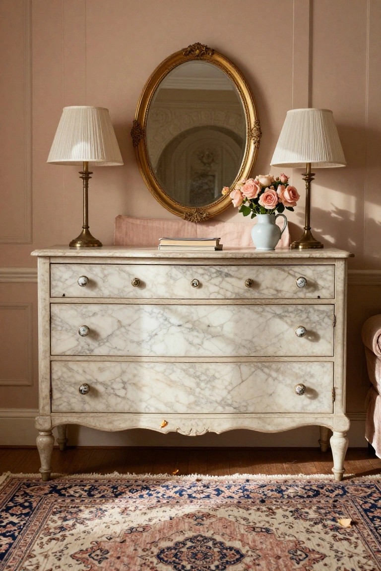 A white marble dresser with three drawers and brass knobs sits beneath an ornate gold mirror, with two brass lamps and a vase of pink roses on top.