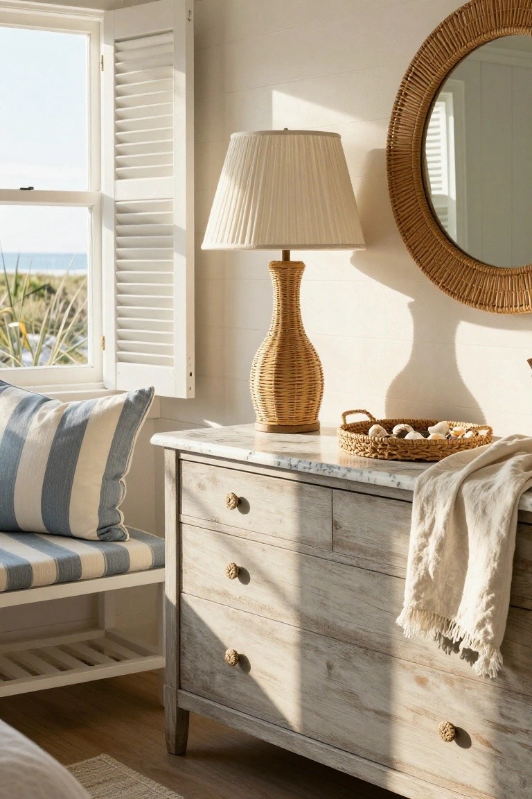 A light wood dresser with a marble top holds a wicker lamp and woven basket in front of a window with white shutters.