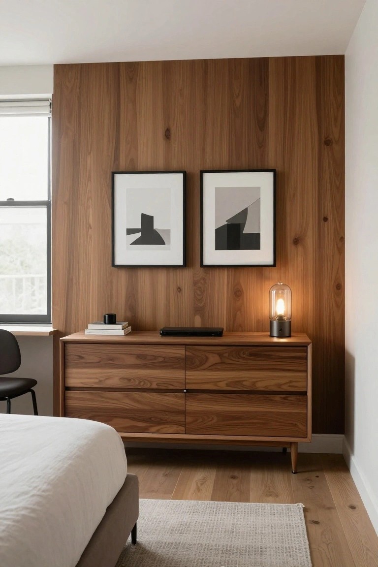 Modern bedroom with wooden dresser, abstract art, and glowing lamp.