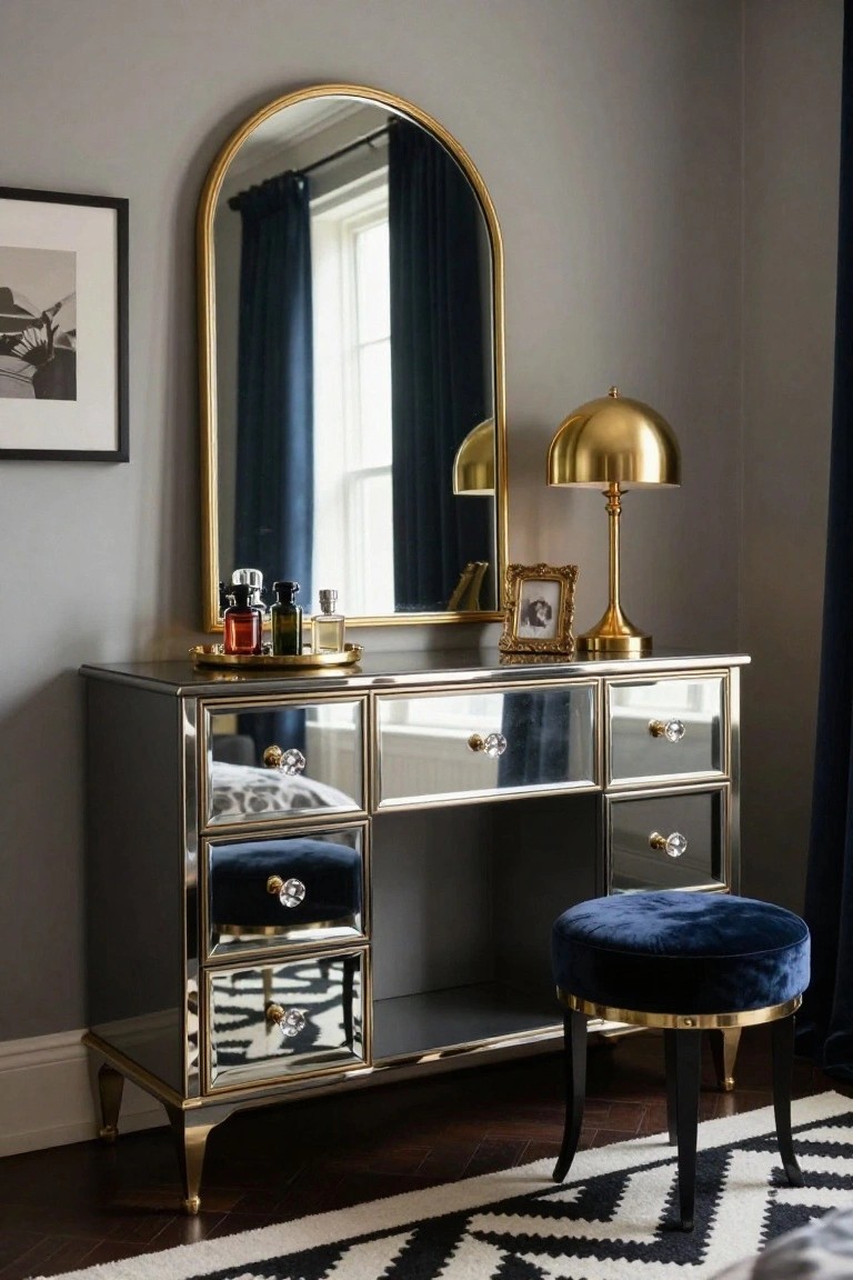 A dark gray mirrored dresser with gold trim and crystal knobs sits under a large arched gold mirror, with a blue velvet stool and gold lamp nearby.