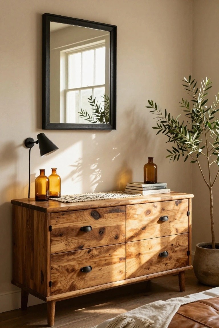 Wooden dresser with mirror, lamp, books, and potted plant in sunlit room.
