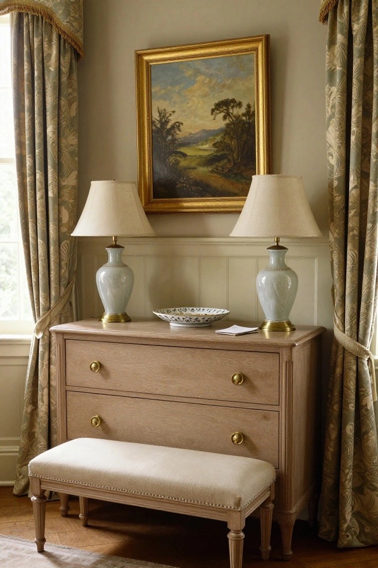 A light wood dresser with brass knobs holds two ceramic lamps and a decorative bowl, with a cushioned bench positioned directly in front and a landscape painting hanging above.