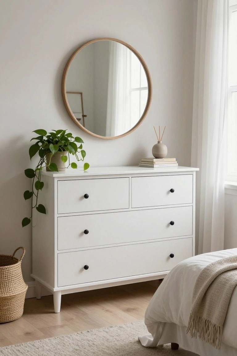 A white bedroom dresser with black knobs, a round mirror above it, and a few simple items on top including a plant, books, and a vase.