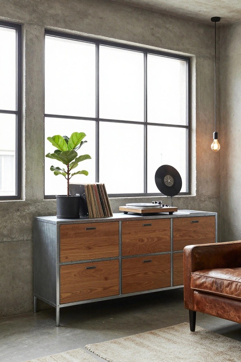 Industrial console with wooden drawers, turntable, plant, and leather chair.