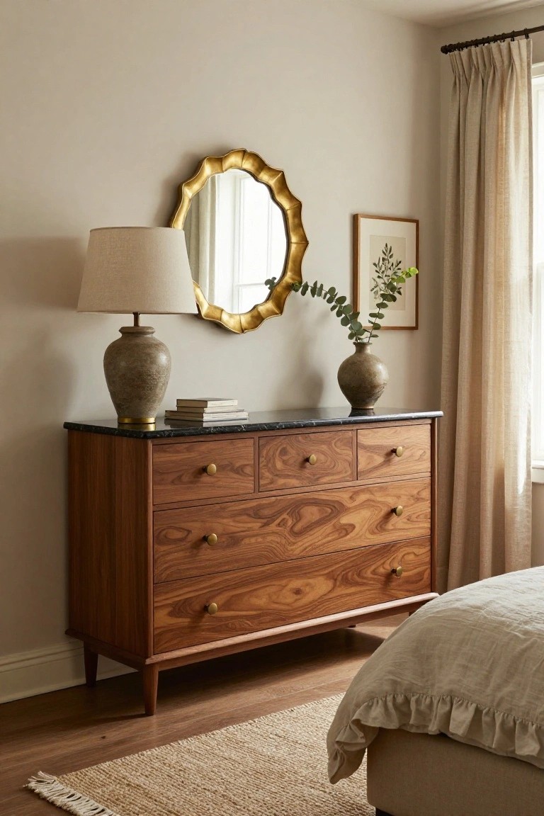Mid-century wooden dresser with marble top, gold mirror, and beige decor.