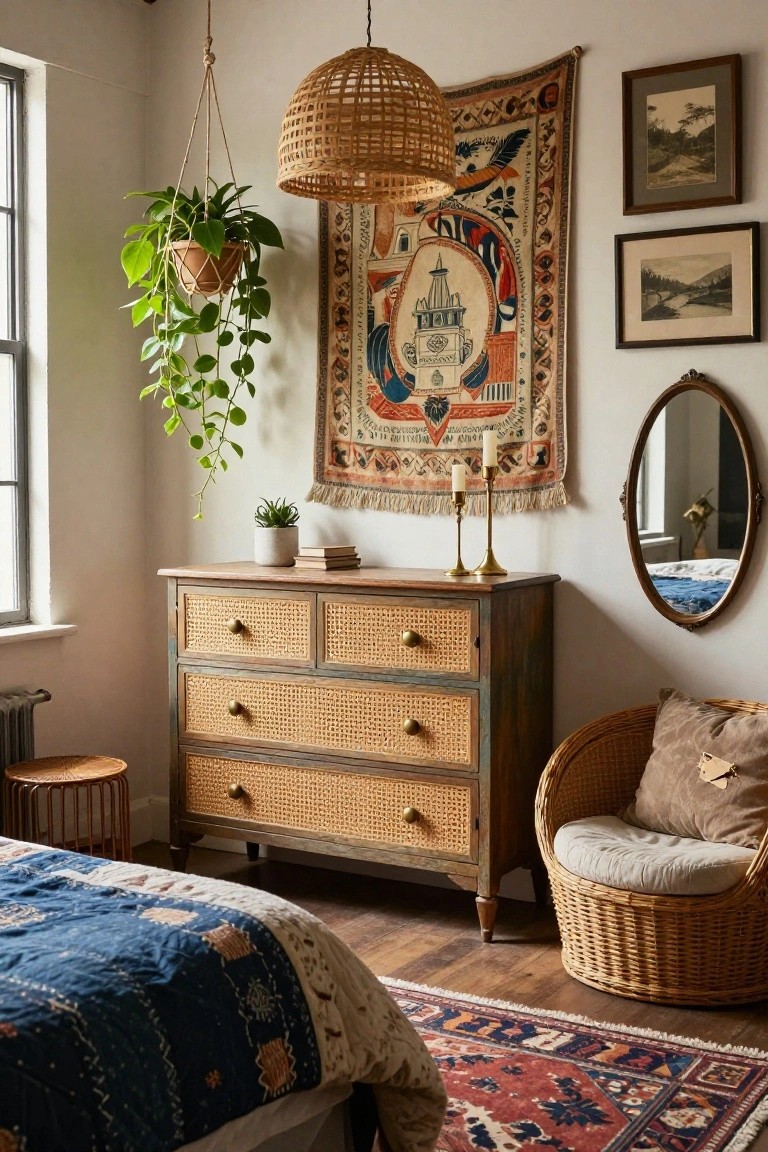 A wooden dresser with cane woven drawer fronts stands against a wall beneath a large tapestry, with a hanging plant and wicker chair visible in the bedroom.