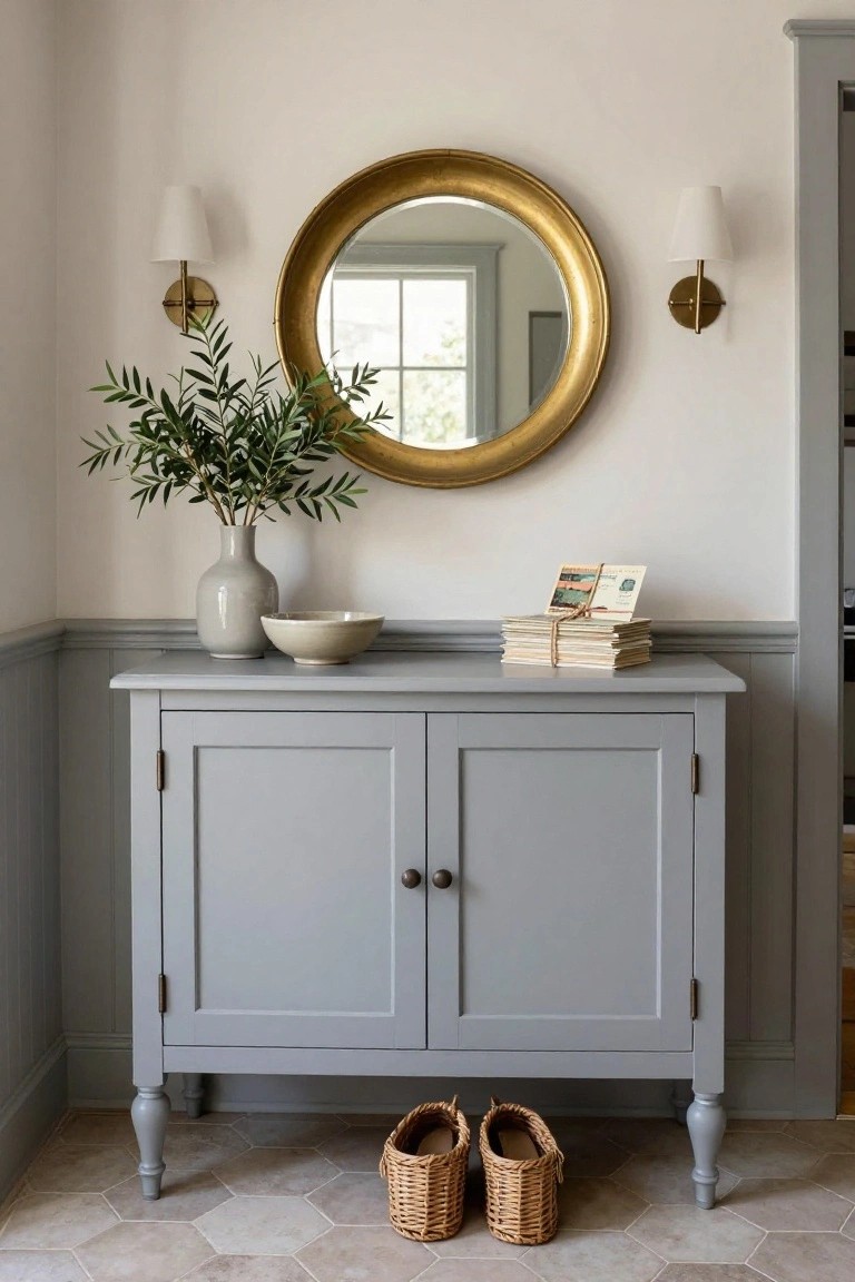 Gray console table with round gold mirror, white vase, and woven baskets.