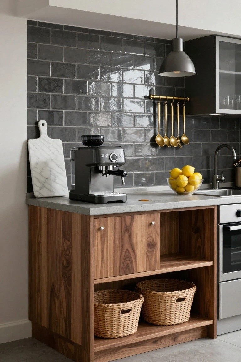 Modern kitchen with espresso machine, lemons, and woven baskets on wooden island.