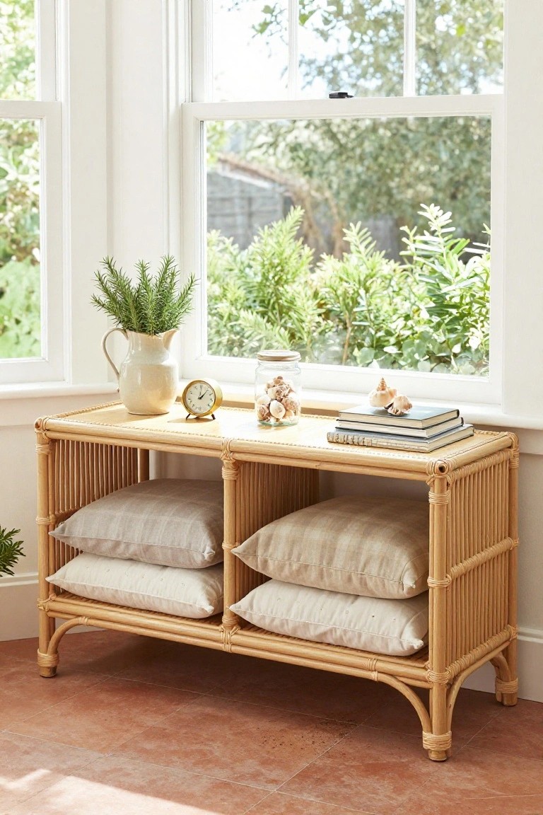 Rattan console table with pillows, books, shells, and plant by window.