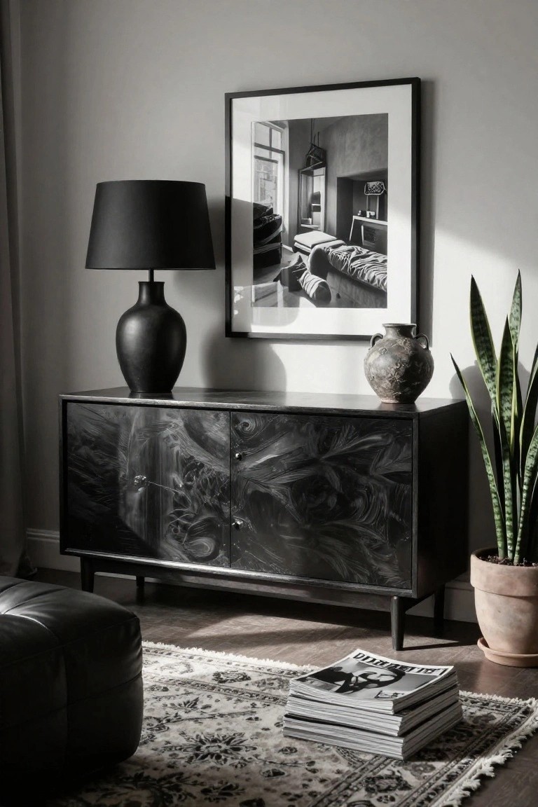 Black marble sideboard with lamp, framed art, plant, and stacked magazines.