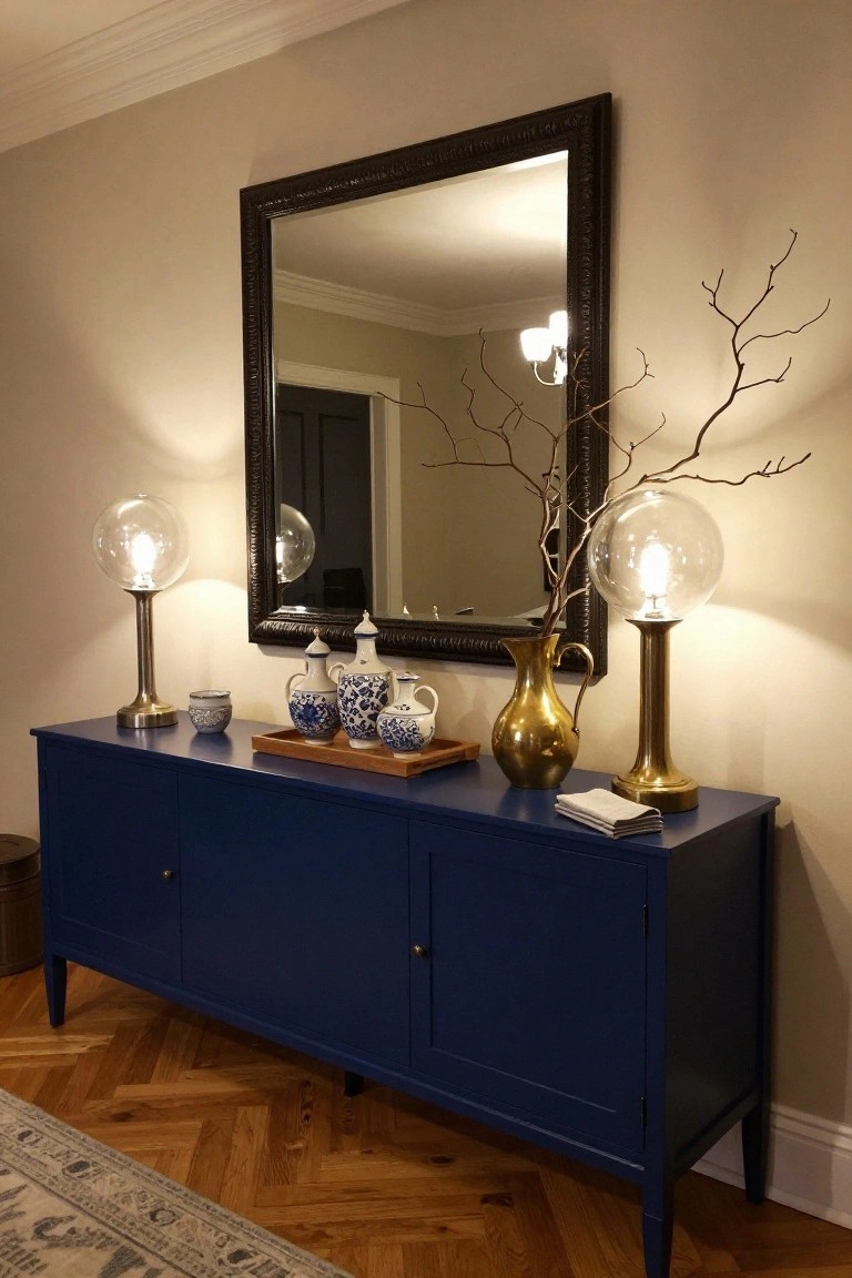 A navy blue sideboard with two matching glass globe lamps on brass bases, a large dark mirror above it, and decorative vases and ceramics arranged in the center.