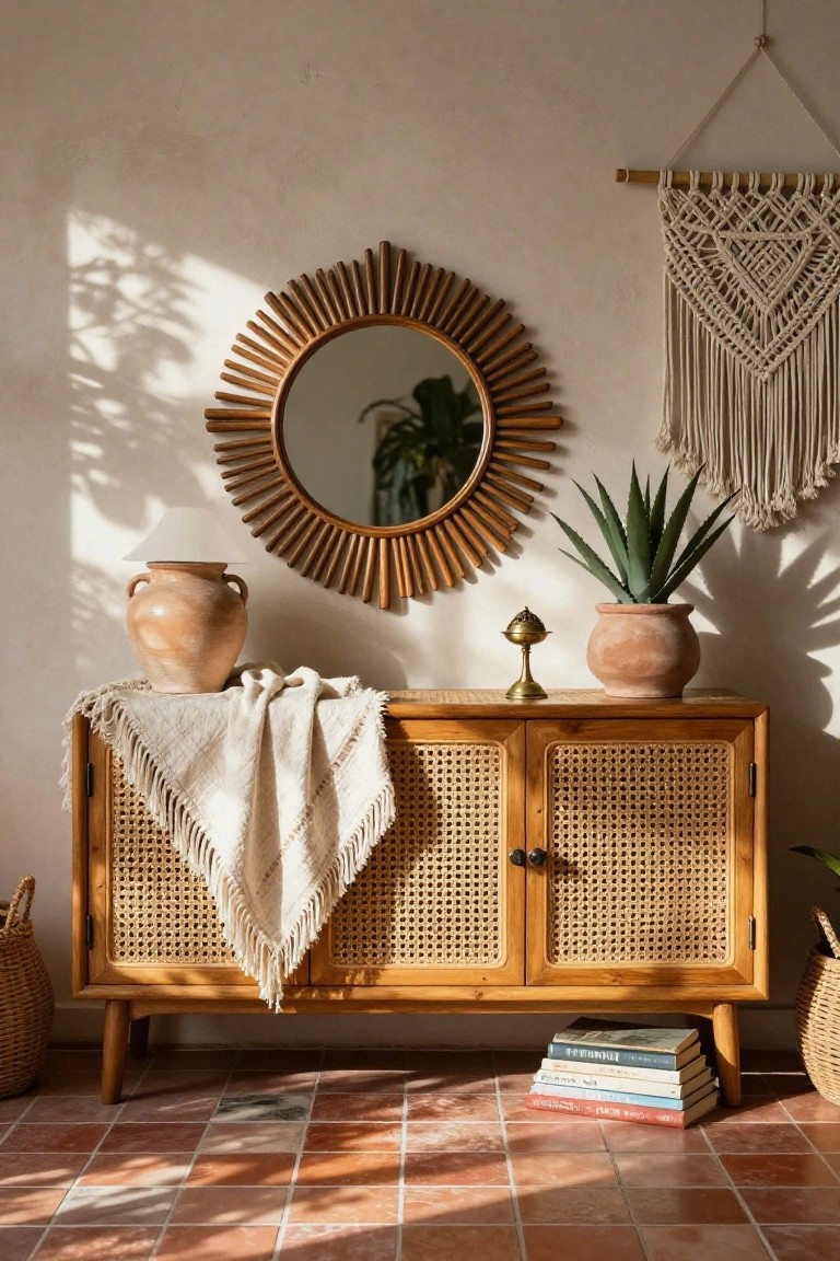 A wooden sideboard with cane doors holds terracotta pots and a fringed cloth, with a round sunburst mirror above it.