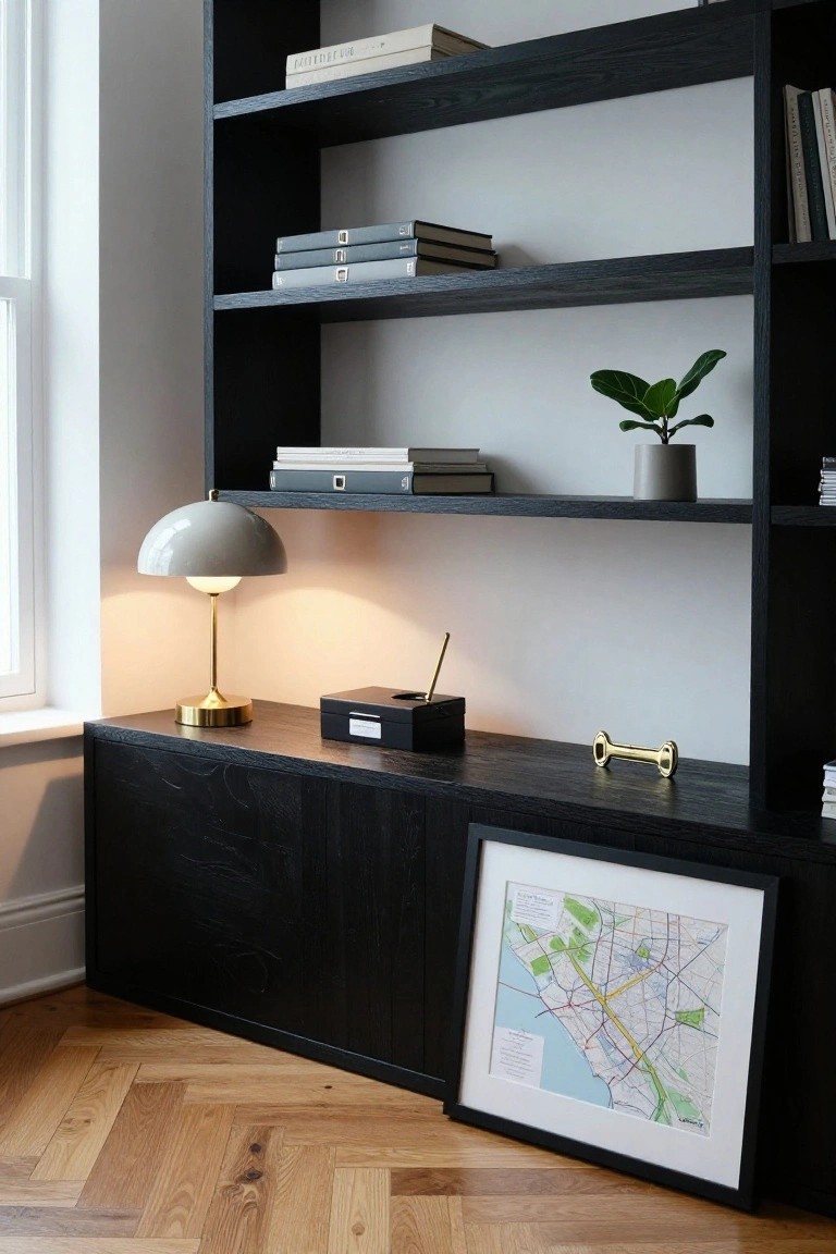 A dark wood built-in cabinet with open shelves above holding books and a small plant, a gray dome lamp on the cabinet top, and a framed map leaning against the front on a herringbone wood floor.