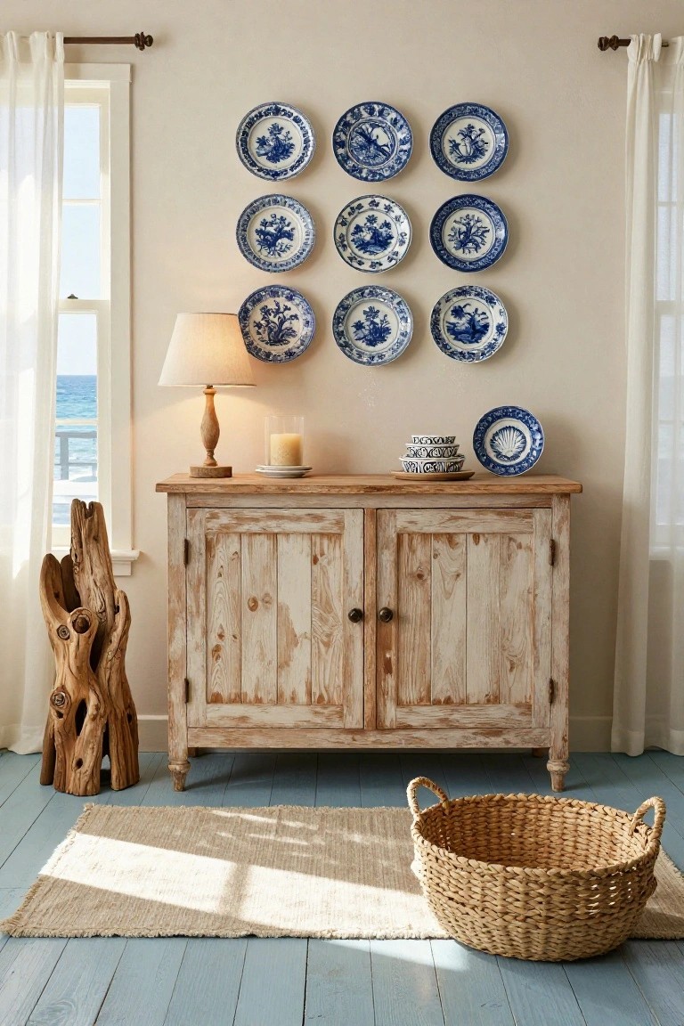 Rustic wooden cabinet with blue-and-white plates, lamp, and woven basket.