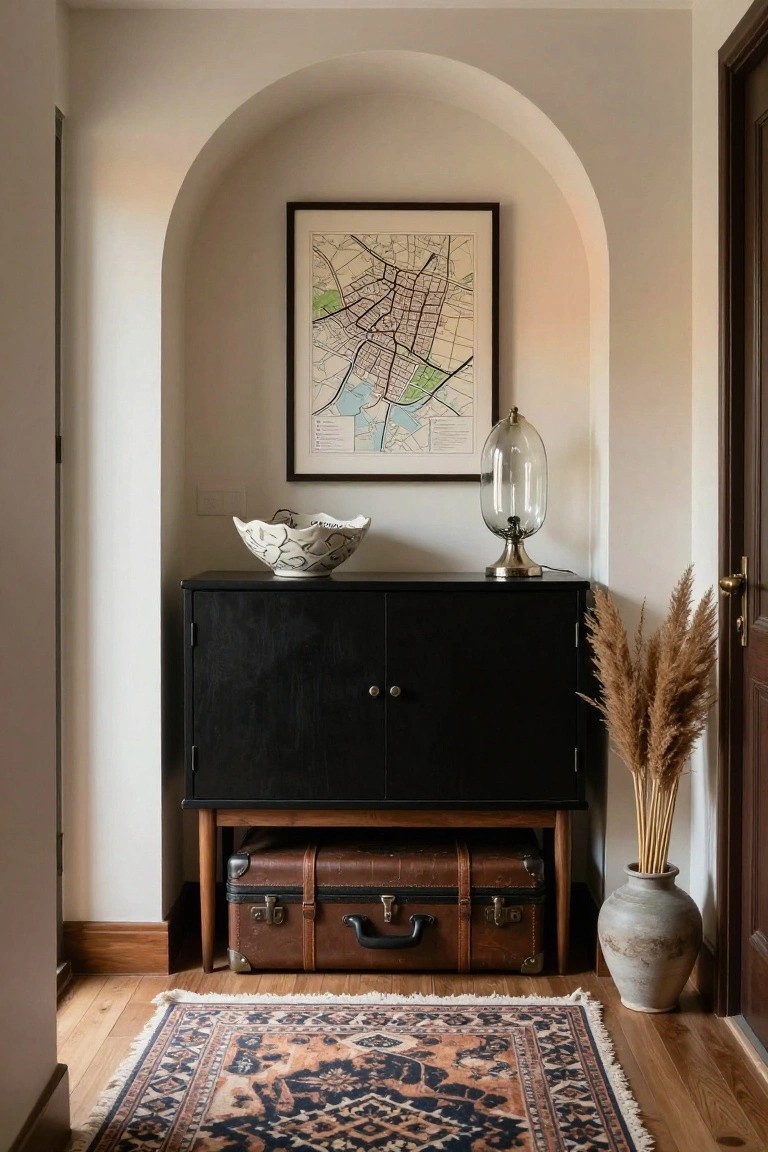 Black cabinet with vintage suitcases under arched wall art.