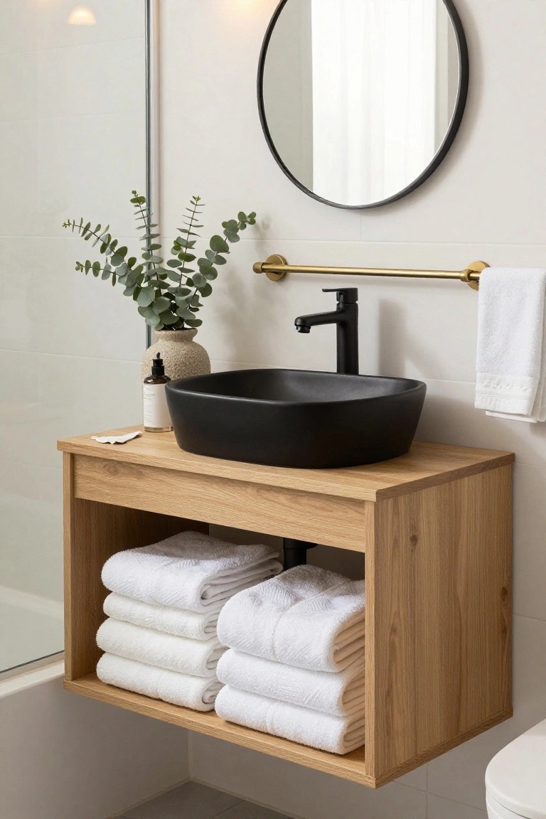 A bathroom vanity with a light wood floating cabinet, open shelves holding stacked white towels, a black vessel sink on top, and a round mirror mounted on the wall above.