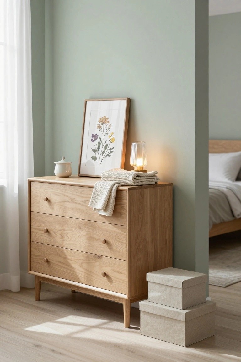 Wooden dresser with drawers, lamp, floral art, and stacked boxes.