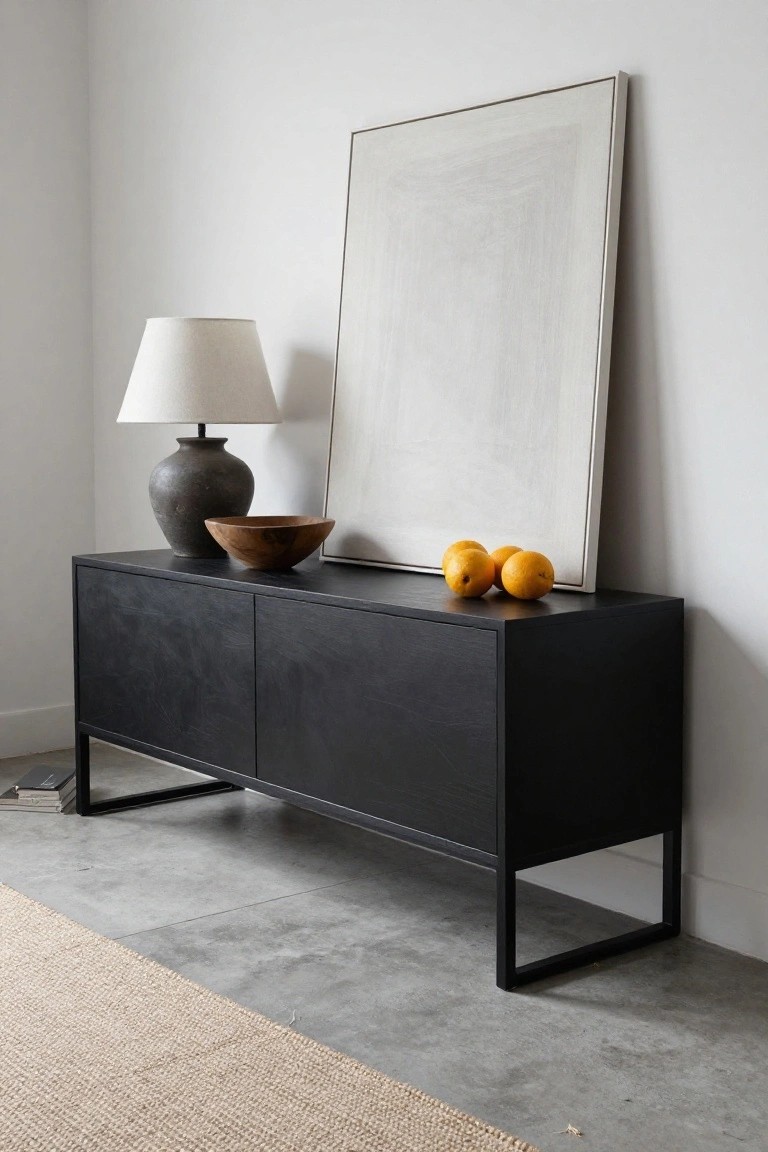 A dark wood sideboard against a white wall holds a lamp and wooden bowl, with a large abstract painting leaning behind it and three oranges on the right side.