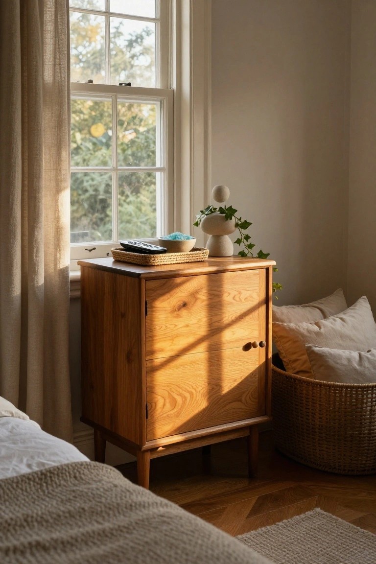 Sunlit wooden cabinet beside a window with pillows and basket nearby.