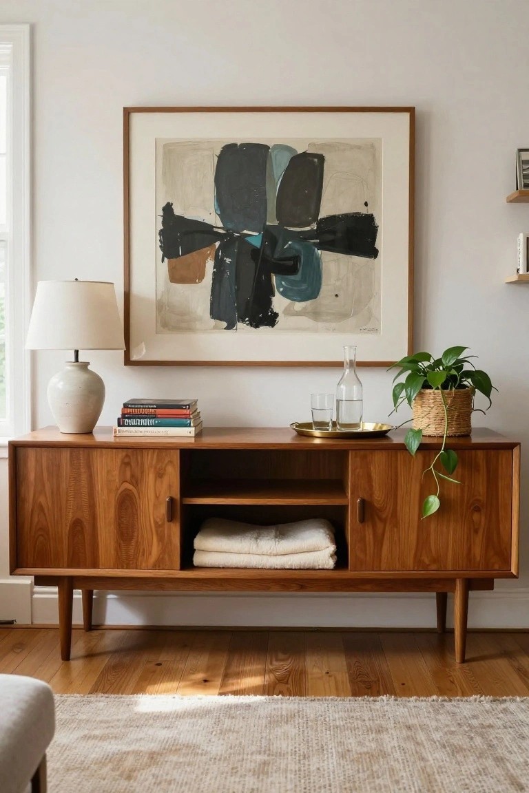 Mid-century wooden credenza with abstract art, lamp, books, plant, and tray.
