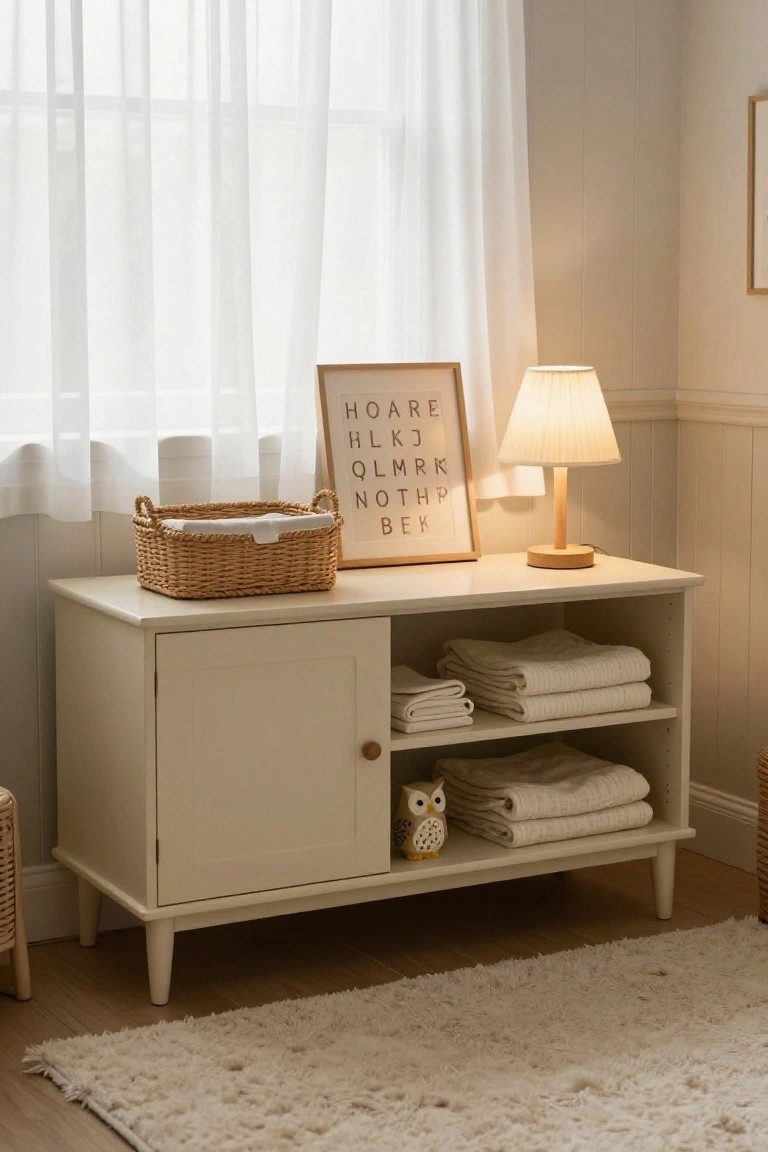 A white sideboard with a closed cabinet on the left and open shelves on the right holding folded white textiles and a small owl figure, topped with a woven basket, framed print, and lamp near a window.