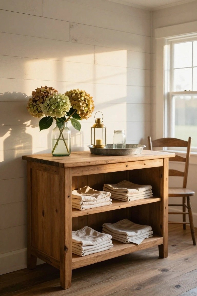 Wooden console table with folded linens, hydrangeas, and brass lantern.