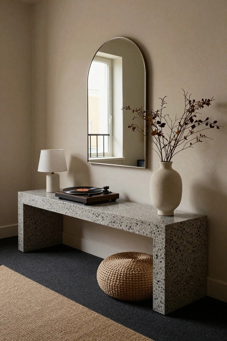 Modern terrazzo console table with mirror, lamp, record player, and vase.