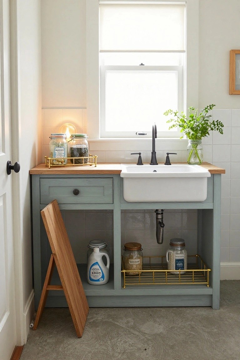 A light blue sideboard with a white sink, wooden countertop, and open lower shelf holding two gold wire baskets filled with jars and a detergent jug, next to a leaning wooden board.