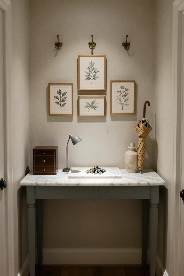 A small gray console table with marble top holds keys, lamp, and umbrella.
