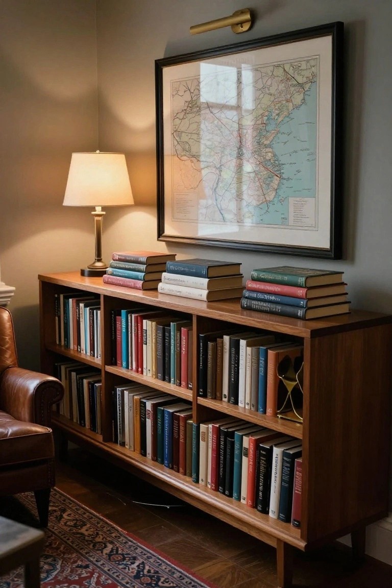 A wooden sideboard with books arranged on the shelves and a few stacks on top, next to a lit table lamp and under a large framed map.