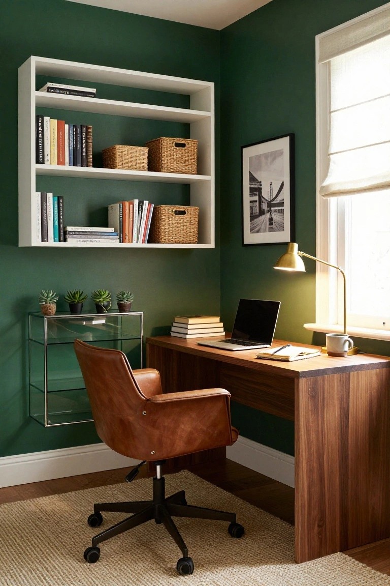 Corner home office with emerald green walls, white floating shelves holding books and woven baskets, glass etagere with potted succulents, walnut desk with open laptop and notebook, tan leather swivel chair, brass arc lamp, and window with linen shade.
