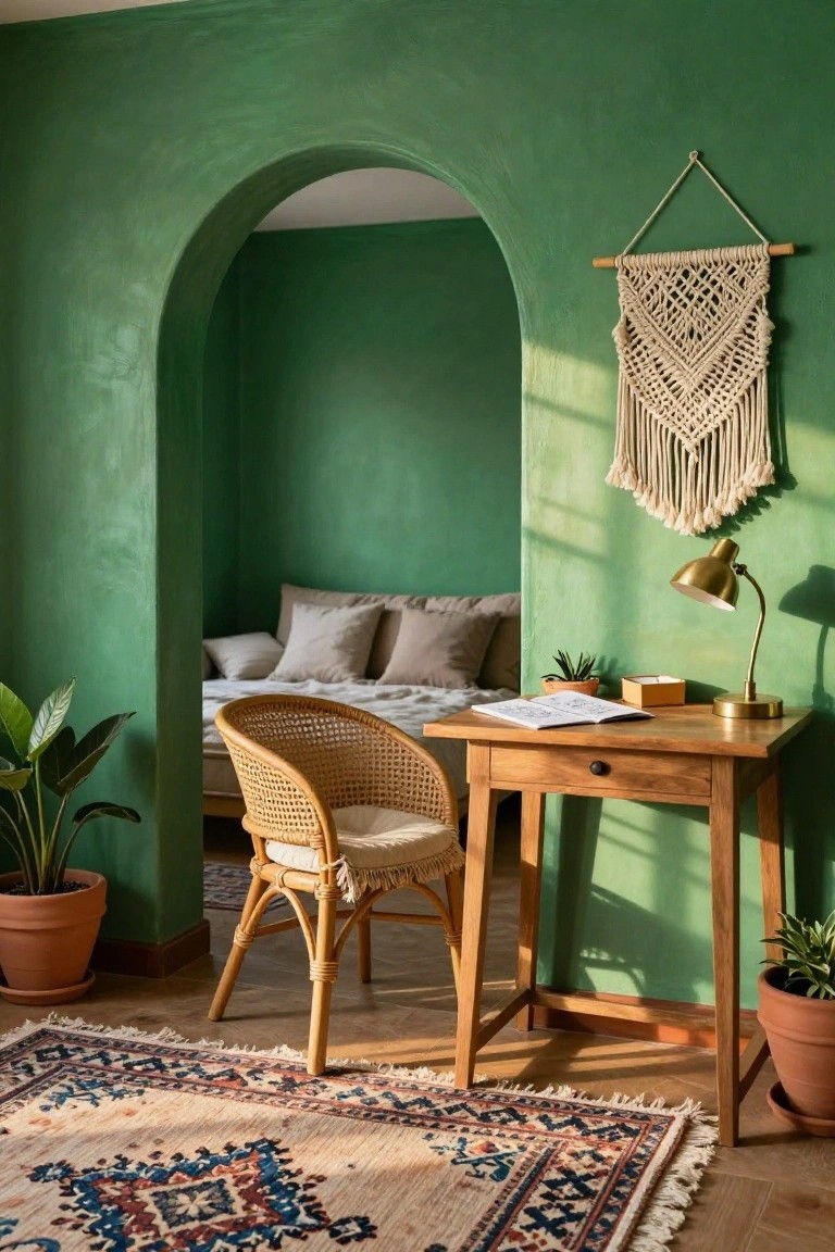 Emerald green textured walls form an arched alcove with a wooden desk, open book, rattan chair, gold desk lamp, potted plants, macrame wall hanging, and a bed visible beyond on a wooden floor with patterned rug.