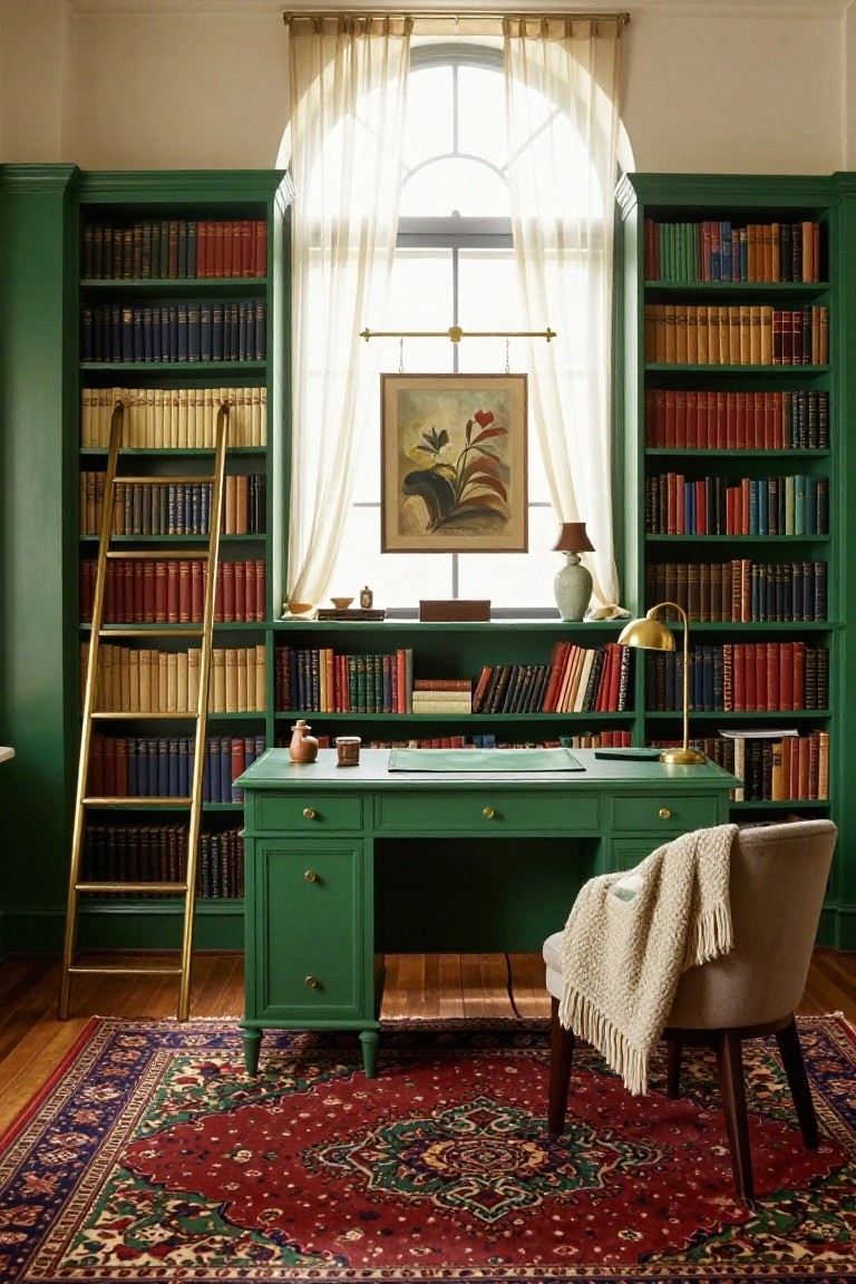 Emerald green floor-to-ceiling bookshelves line the walls of a wood-paneled office with a matching green desk, gold rolling ladder, large arched window with sheer curtains, brass lamps, and red Persian rug on hardwood floors.