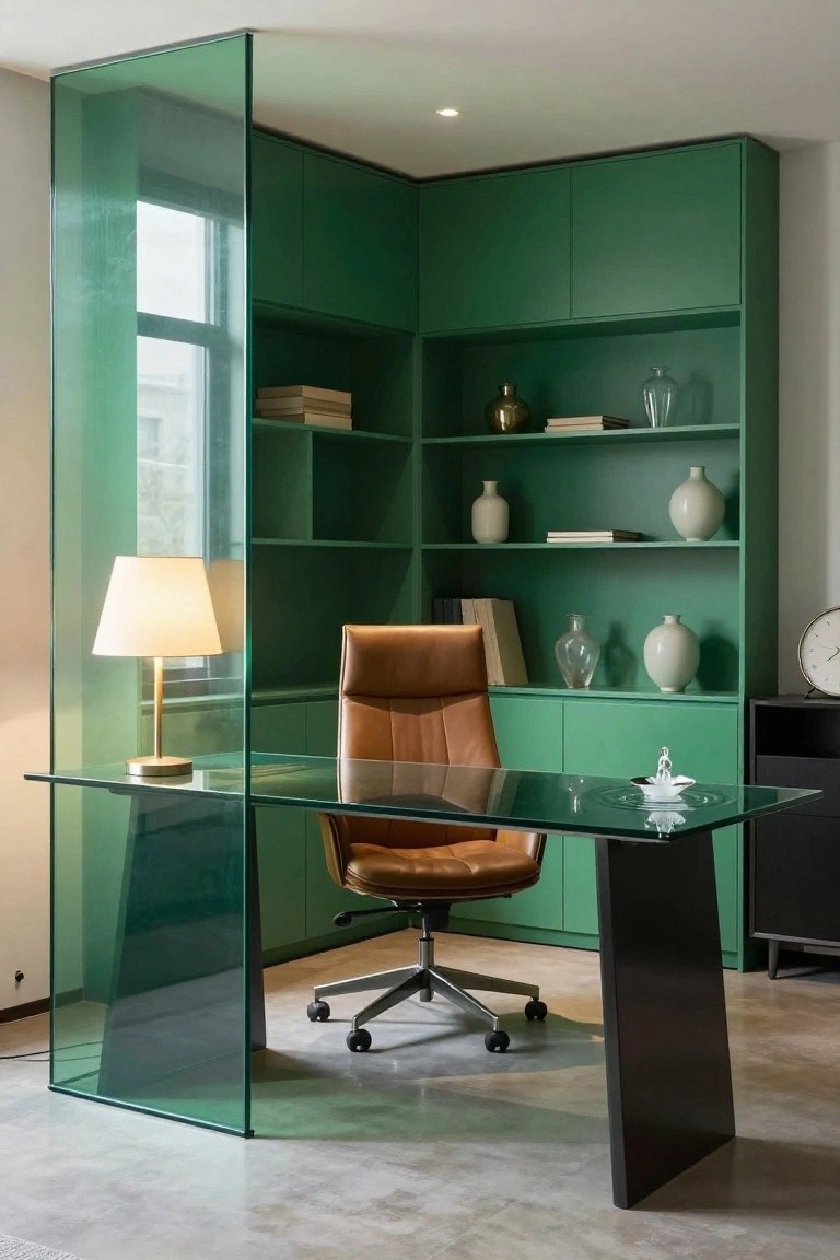 Corner of a modern home office with emerald green built-in cabinets and open shelving, glass desk, tan leather swivel chair, brass table lamp, white ceramic vases, and tall glass partition wall.