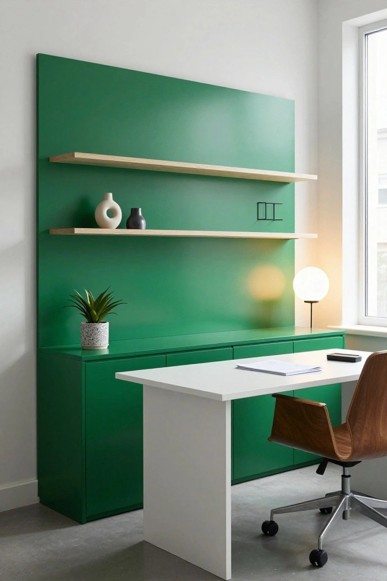 Home office with tall emerald green painted wall including lower cabinets, upper oak shelves with white and black vases and potted plant, white desk with papers, brown leather chair on casters, white globe lamp on stand, and window.