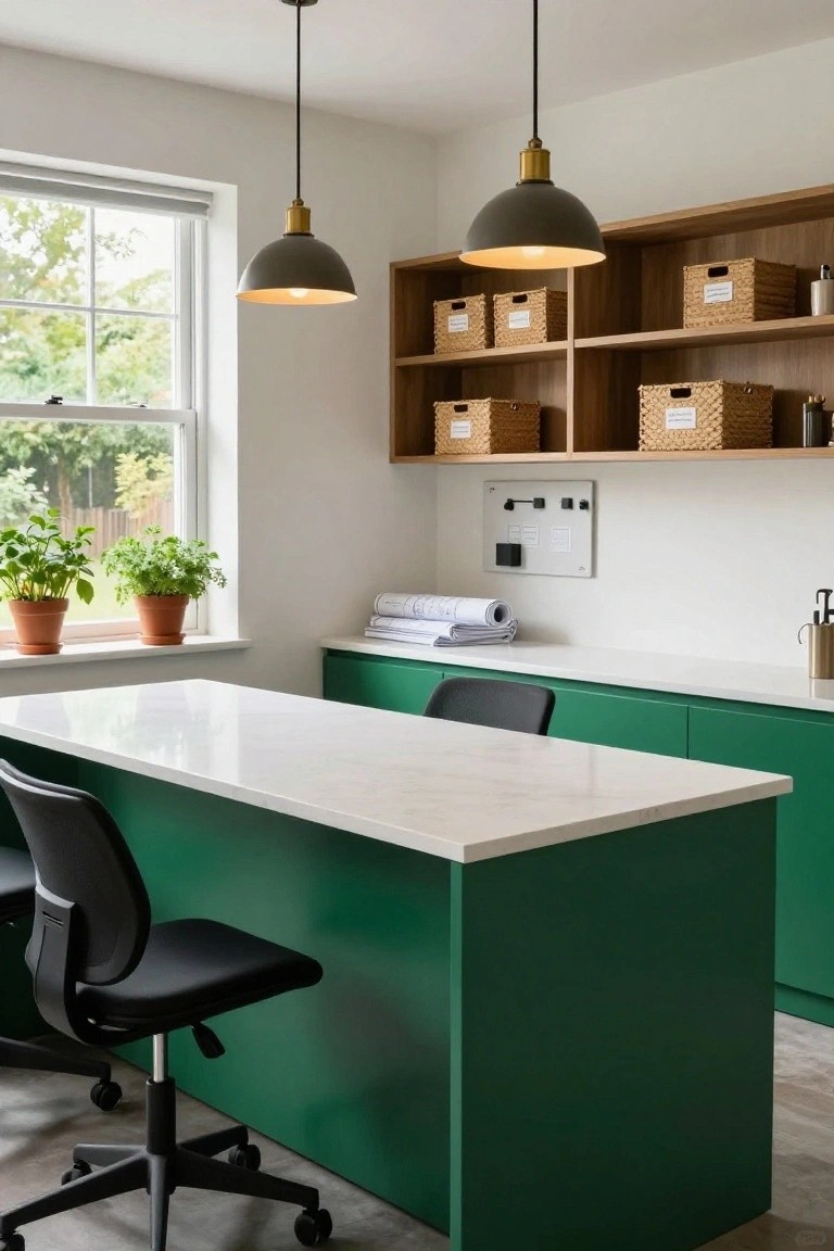 Home office featuring emerald green lower cabinets with white quartz countertop serving as a shared desk, two black mesh-back office chairs, overhead oak shelving with woven storage baskets, potted herbs on the windowsill, and a view of greenery outside.