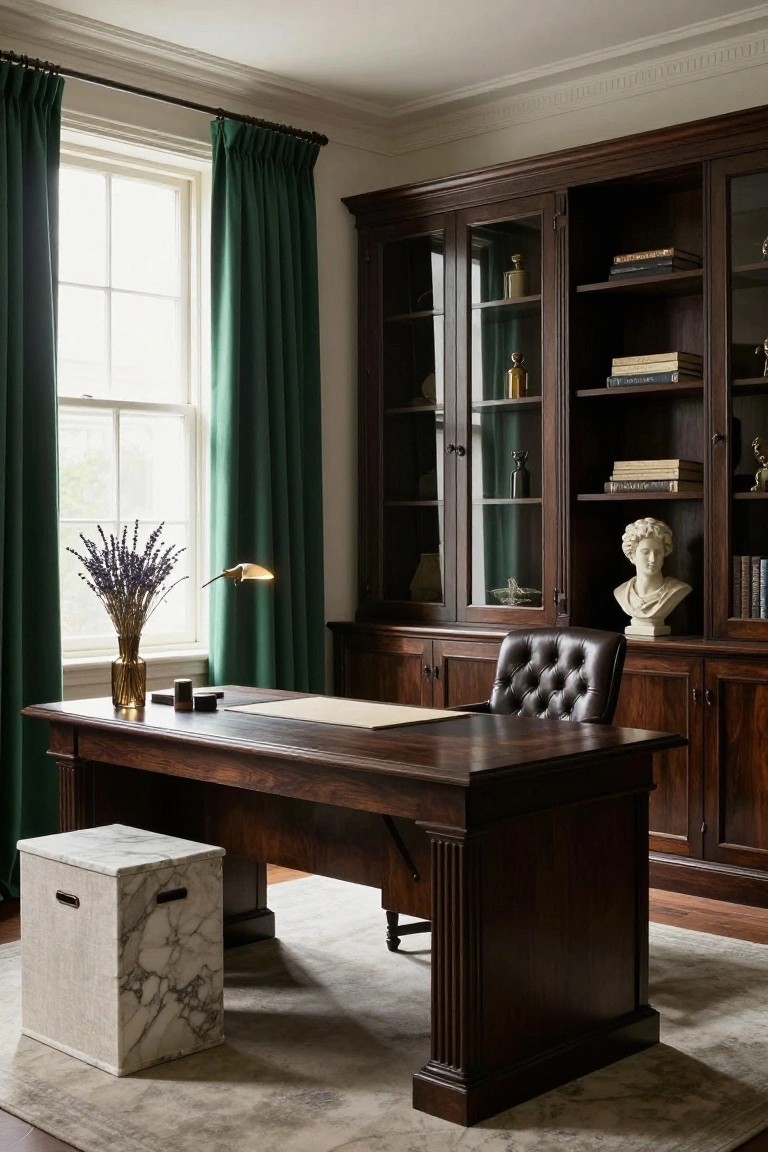 A home office with dark wood desk, tufted leather chair, tall bookcases with glass doors, emerald green curtains on a window, lavender bouquet, and marble-topped stool on a gray rug.