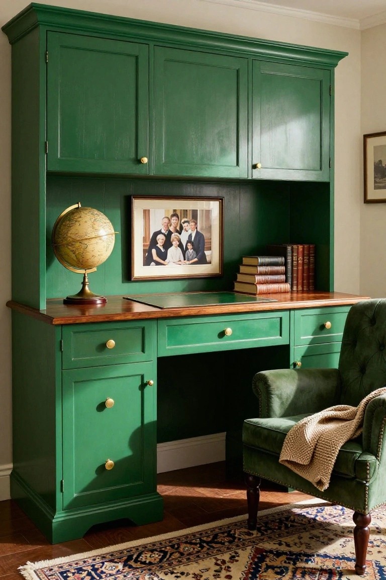 Emerald green painted wooden hutch desk with drawers, brass knobs, wood top, globe, stacked books, family photo frame on open shelf above desk, green velvet armchair with throw beside it, and patterned rug on wood floor.