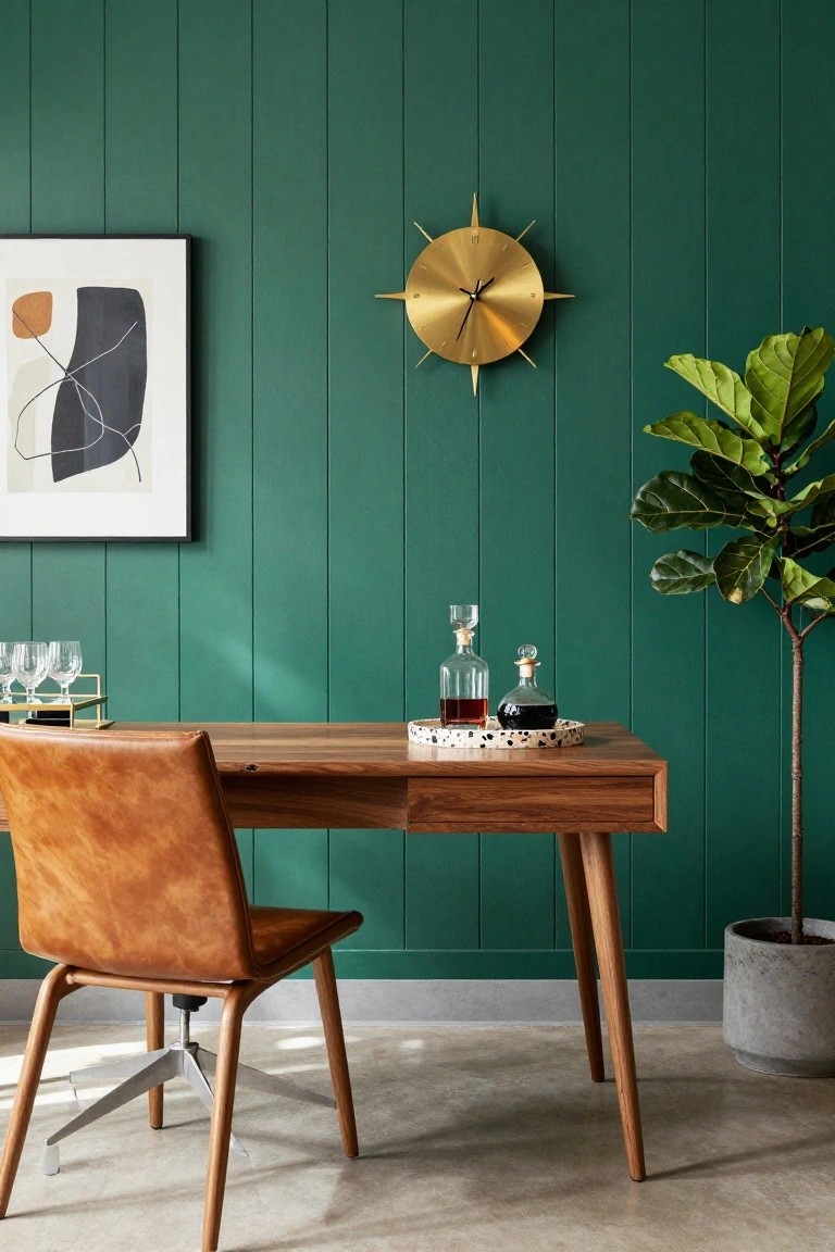 Emerald green vertical paneled wall in a home office with wooden desk, tan leather swivel chair, gold starburst clock, abstract wall art, potted ficus tree, and glass decanters on a tray.