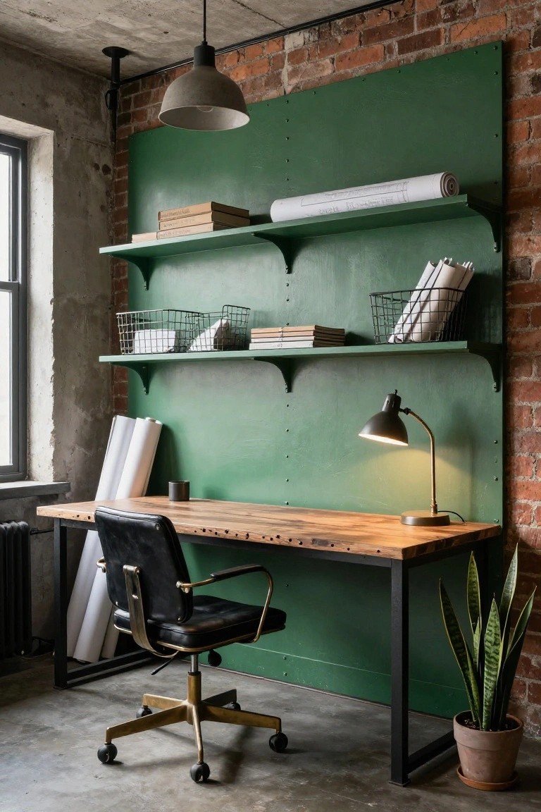 Industrial office interior with emerald green wall panel featuring multiple shelves holding books, papers, and baskets, wooden desk with black leather chair in front, desk lamp, snake plant in pot, and exposed brick and concrete walls.
