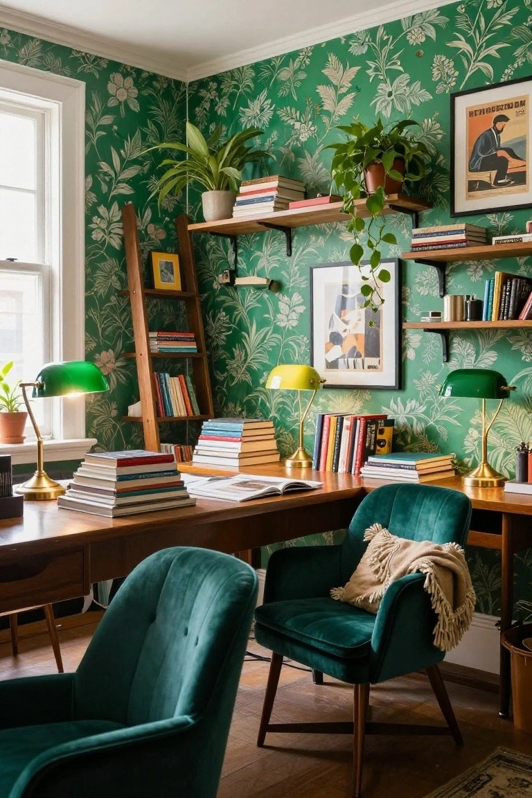 A home office with emerald green floral wallpaper on all walls, wooden desk piled with books, two green velvet armchairs, green banker lamps, ladder shelf, floating shelves with books and plants, and potted greenery near the window.