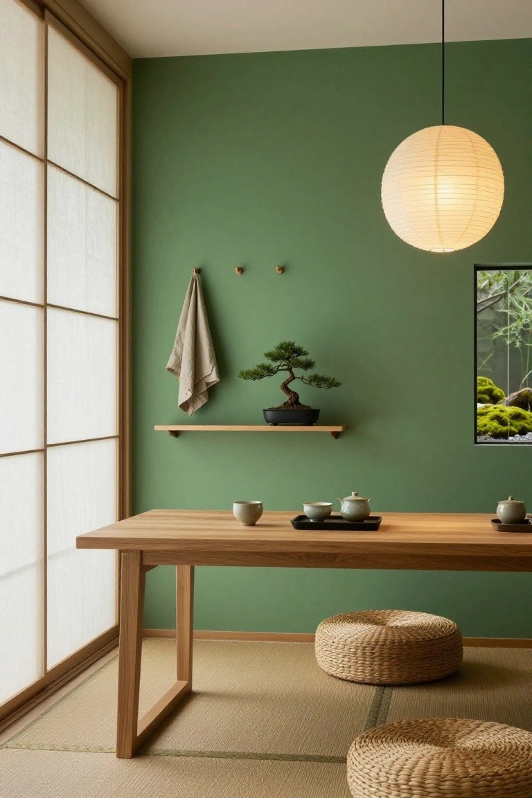 Japanese-style interior room with emerald green walls, shoji screen windows, wooden low table with teacups, bonsai on shelf, paper lantern overhead, hanging cloth, and woven cushions on tatami floor.