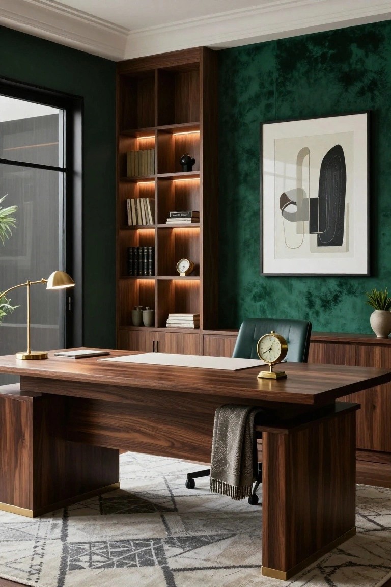 A home office with emerald green textured walls, walnut wood desk and built-in shelving with LED lights, green leather chair, gold desk lamp and clock, and potted plants.