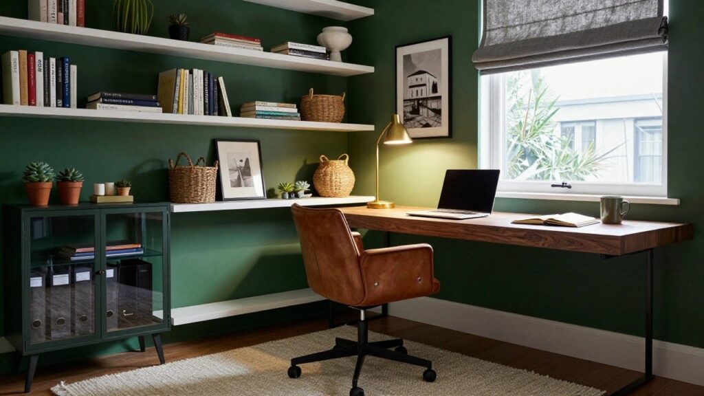 Corner home office with emerald green walls, white floating shelves holding books and woven baskets, glass etagere with potted succulents, walnut desk with open laptop and notebook, tan leather swivel chair, brass arc lamp, and window with linen shade.