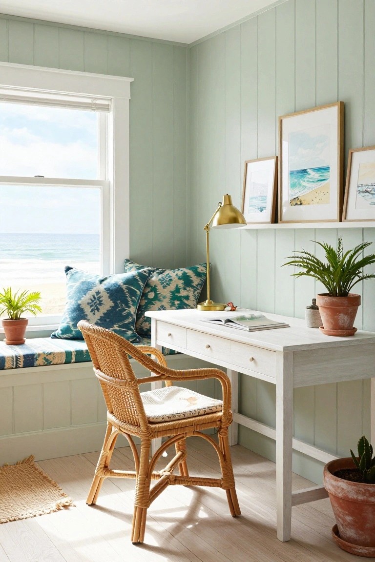 Pale green shiplap-walled office with white desk, rattan armchair, window seat with teal cushions overlooking beach and ocean, gold lamp, plants in terracotta pots, and framed beach artwork.