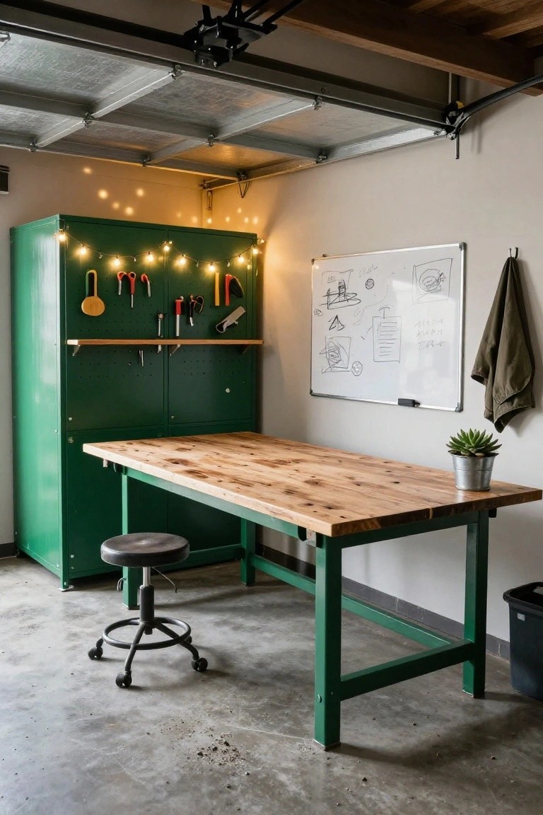 Garage workshop interior with tall emerald green metal cabinet having pegboard tools and drawers, wooden workbench on matching green metal legs and frame, black adjustable stool, whiteboard with drawings, hanging towel, potted succulent, string lights, and trash bin.