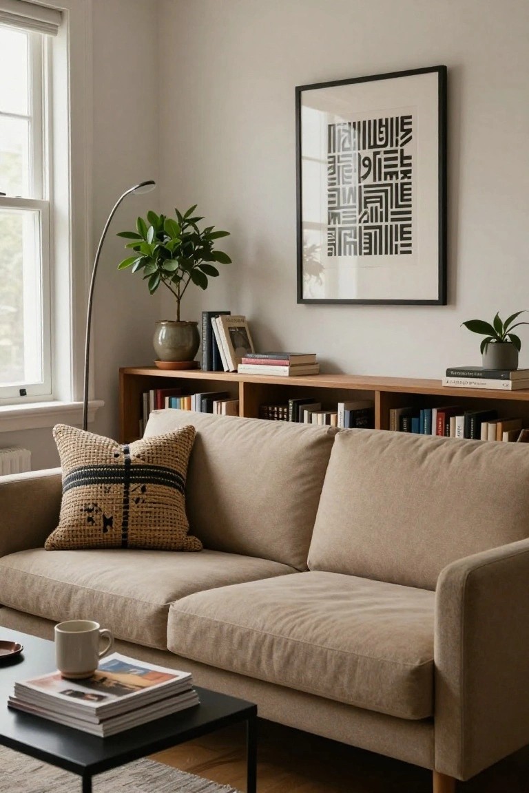 Beige linen sofa with a large braided tan pillow and black accents positioned in front of wooden bookshelves filled with books, next to a black metal coffee table holding stacked magazines, a white mug, and a small plate in a light gray living room.