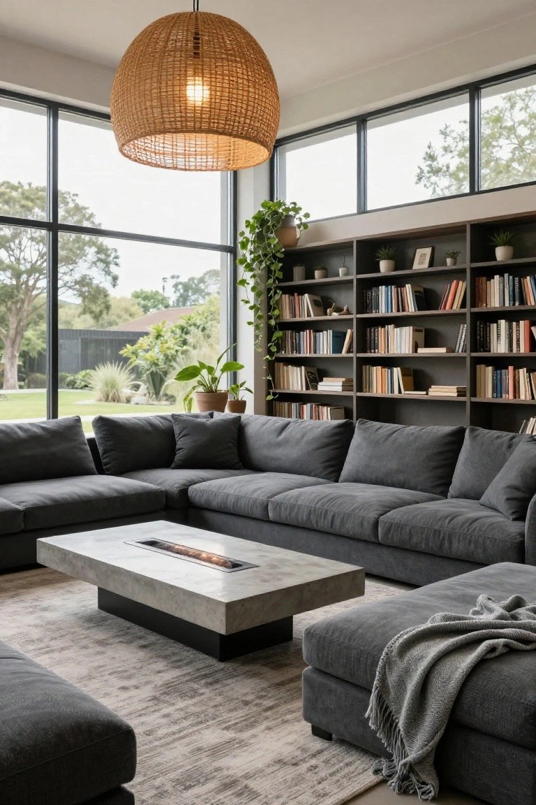 Modern living room with dark gray L-shaped sectional sofa, modular ottoman with throw blanket, low rectangular concrete coffee table featuring a linear gas fire, built-in bookshelves with plants, large windows overlooking landscaped garden.