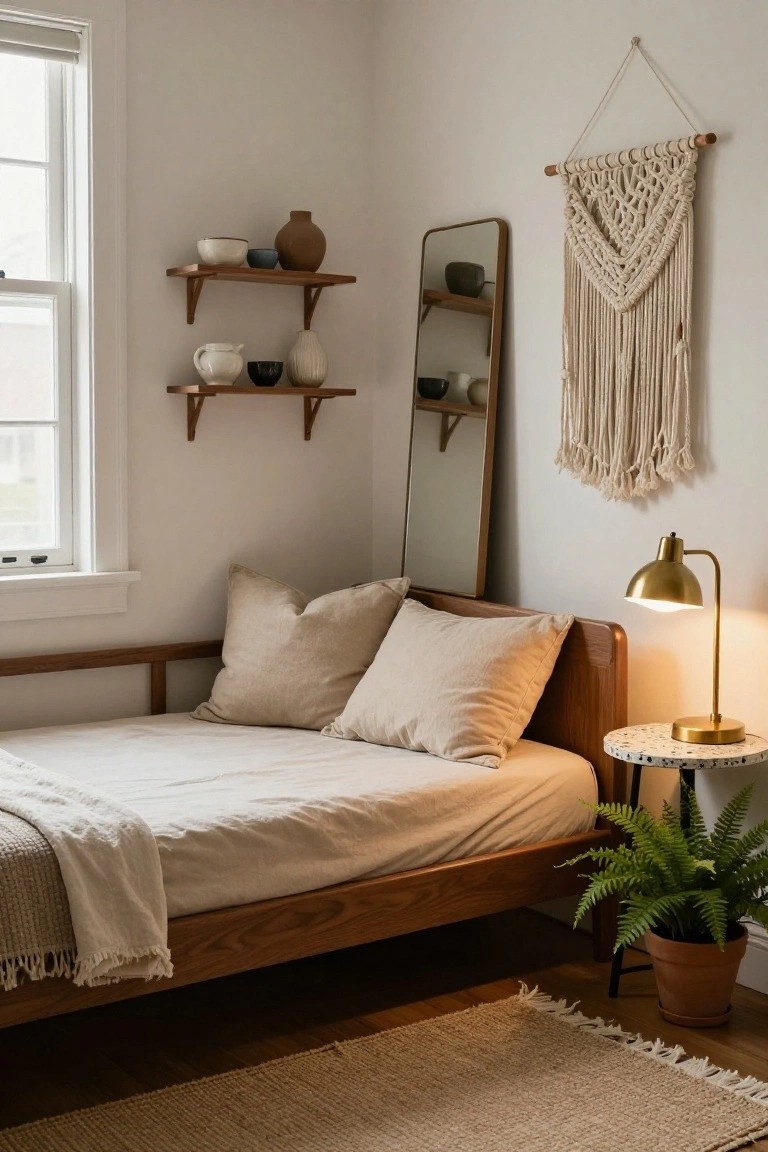 Cozy bedroom corner with low wooden daybed piled with beige pillows and cream throw blanket, brass arched lamp on round terrazzo side table next to potted fern plant, wall shelves holding ceramic pots and vases, round mirror, macrame wall hanging, and jute rug on wood floor.